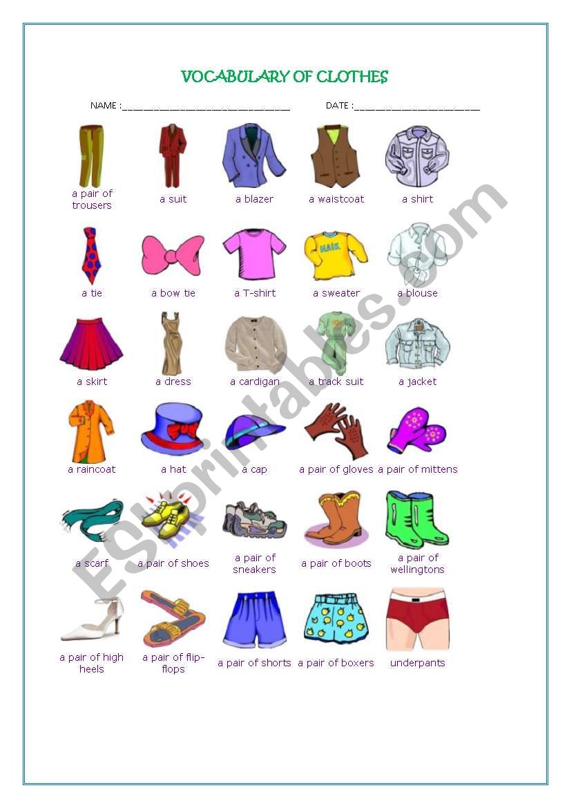 vocabulary of clothes worksheet