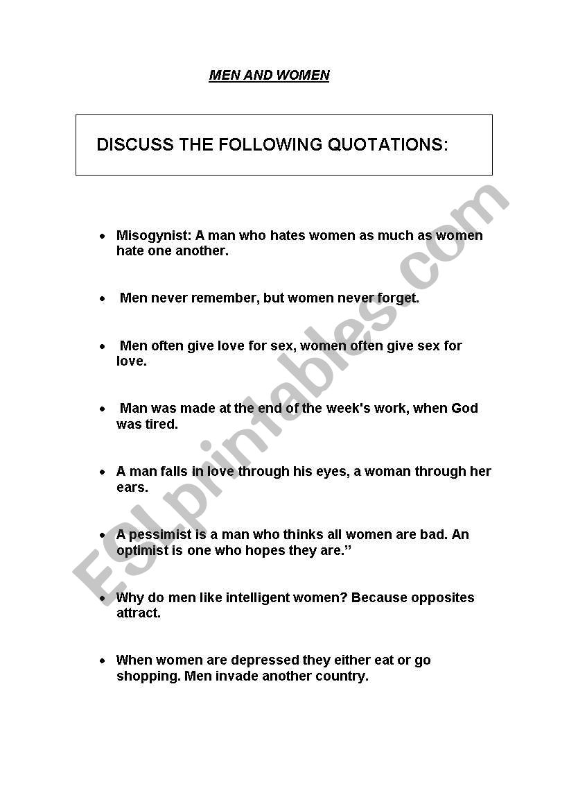 DISCUSSION: MEN AND WOMEN worksheet