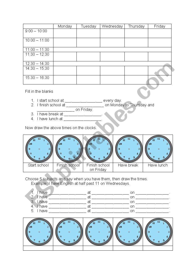 Timetable worksheet