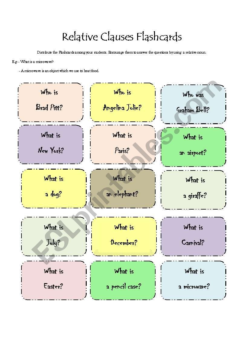 Relative Clauses Flashcards worksheet