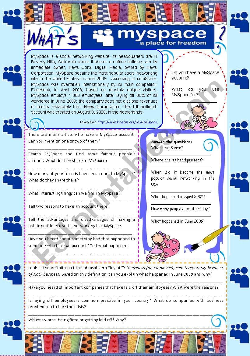WhatÂ´s Myspace? - reading comprehension **fully editable