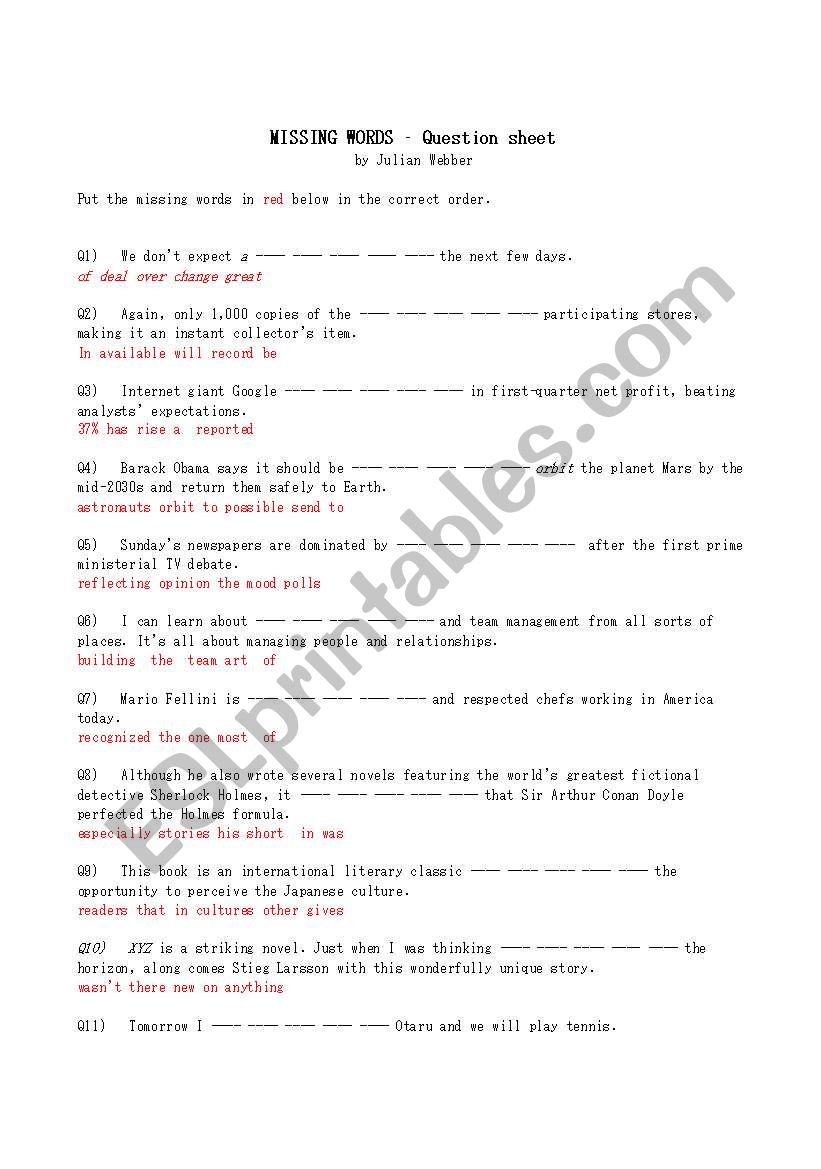 Missing Words worksheet