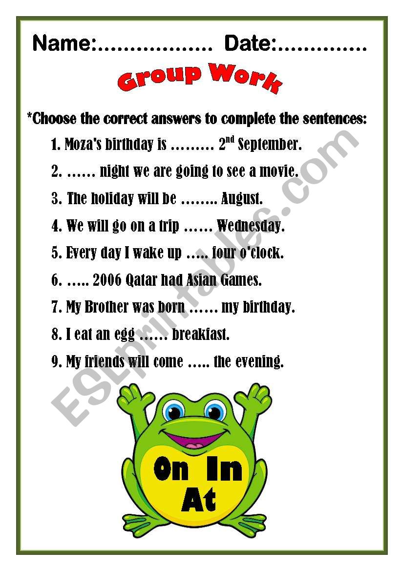 Preposition of time with Mr. Frog