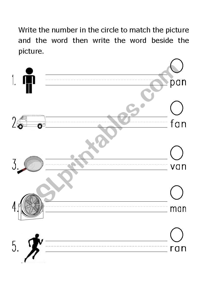 phonics word/picture match and writing practice worksheet