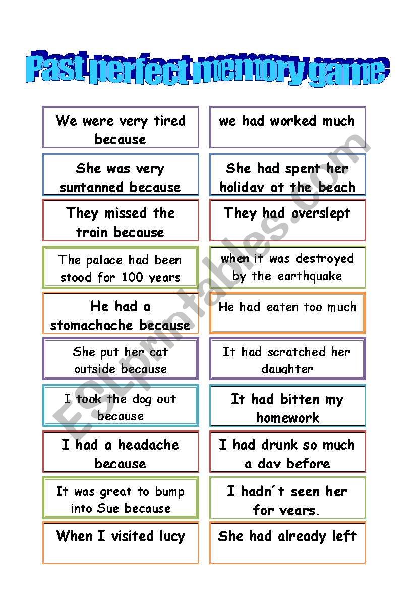 past perfect memory game worksheet