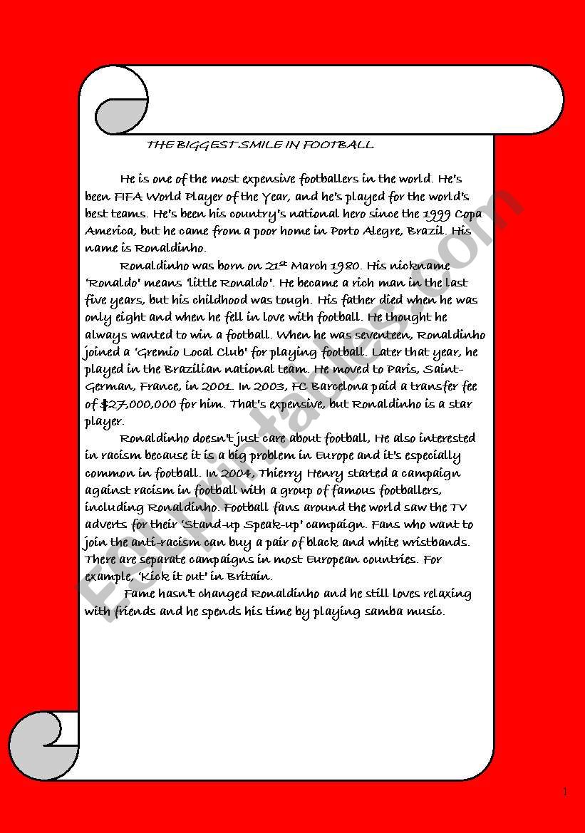 nice reading about football worksheet
