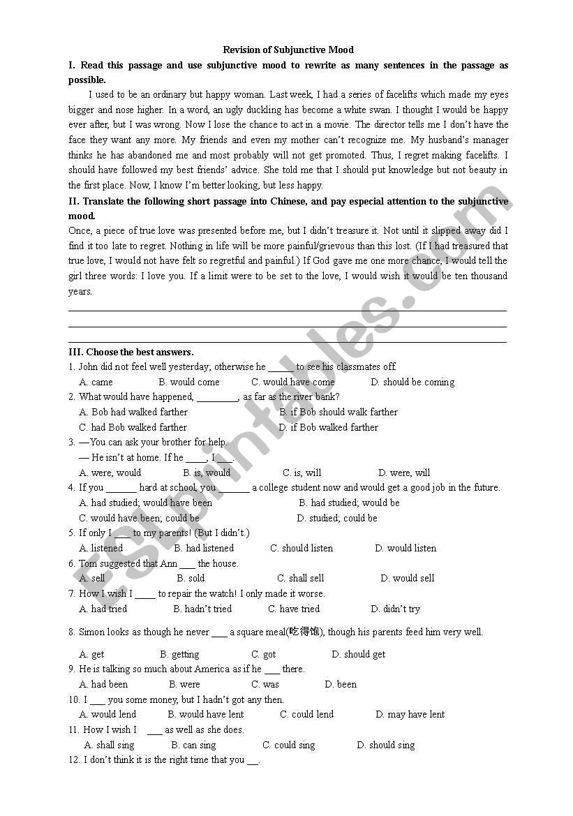 Revision of Subjunctive Mood worksheet