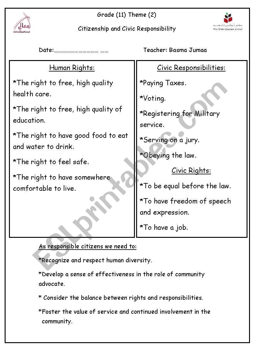 Rights and Responsibilities. worksheet