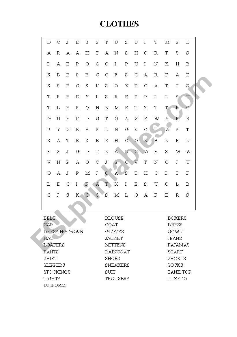 Clothes Wordsearch worksheet