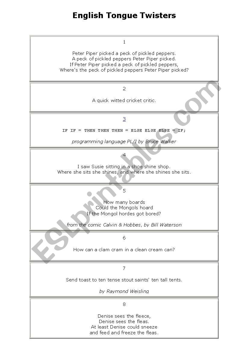 English Tongue Twisters Part1 worksheet