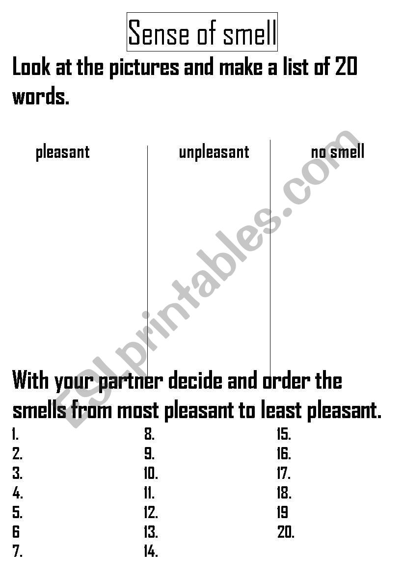 Sense of smell worksheet