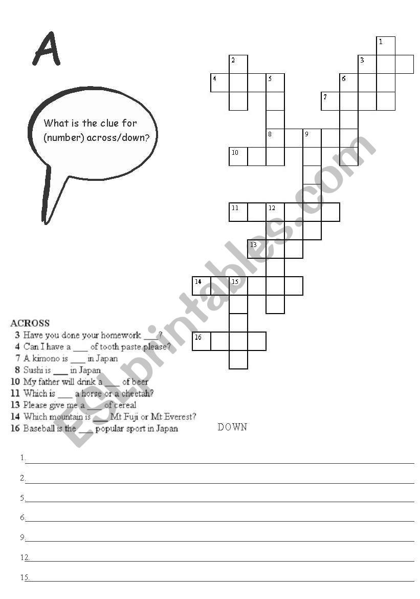 Pairwork crossword worksheet