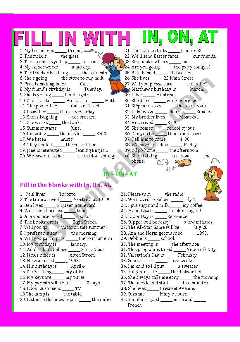 PREPOSITIONS, IN, AT, ON worksheet