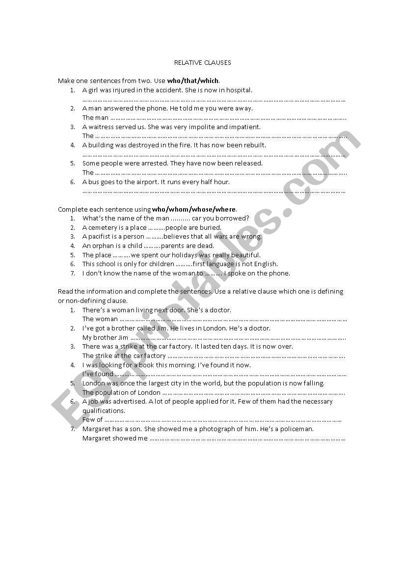 Relative Clauses Exercises worksheet