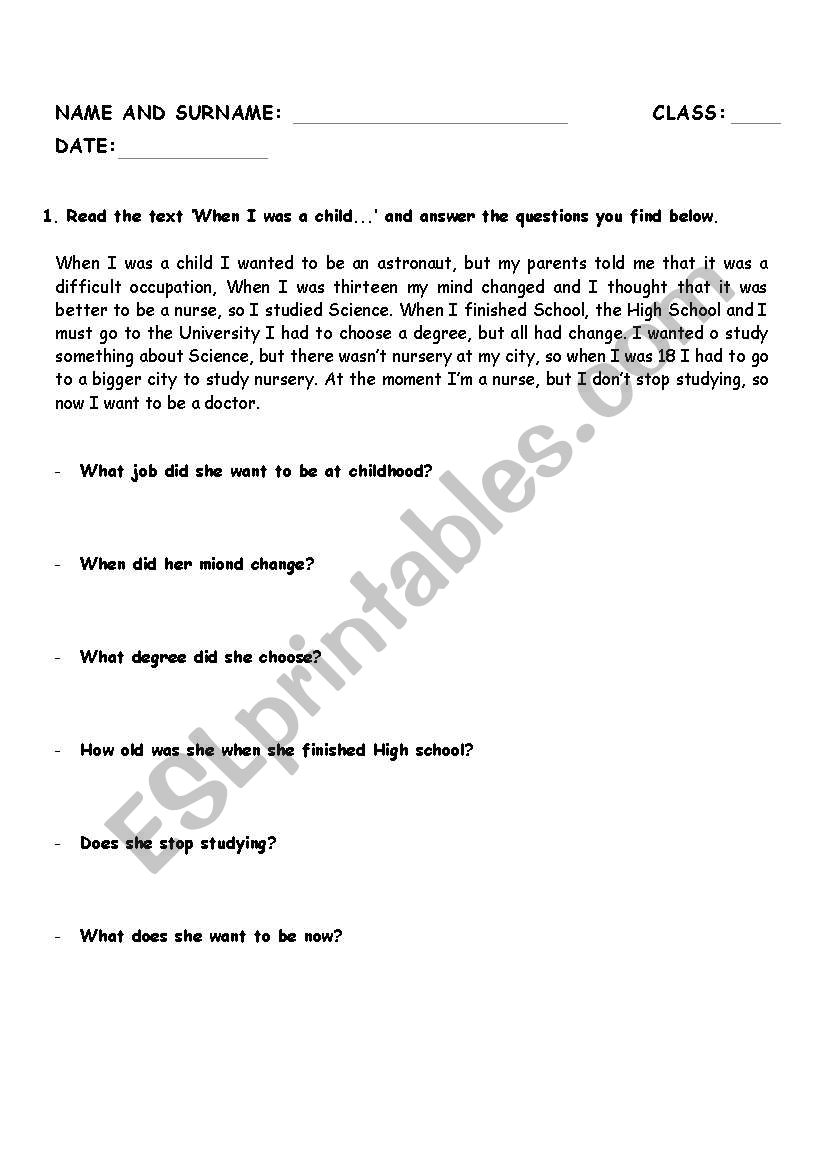 When I was a child... worksheet