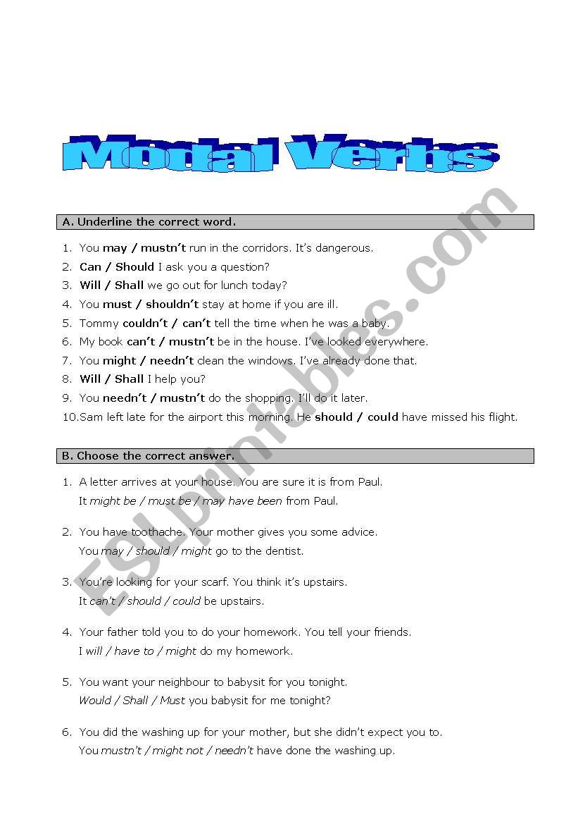 Modal verbs exercises worksheet