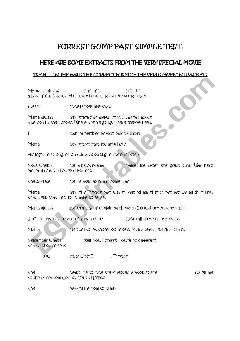 FORREST GUMP PAST SIMPLE TEST worksheet