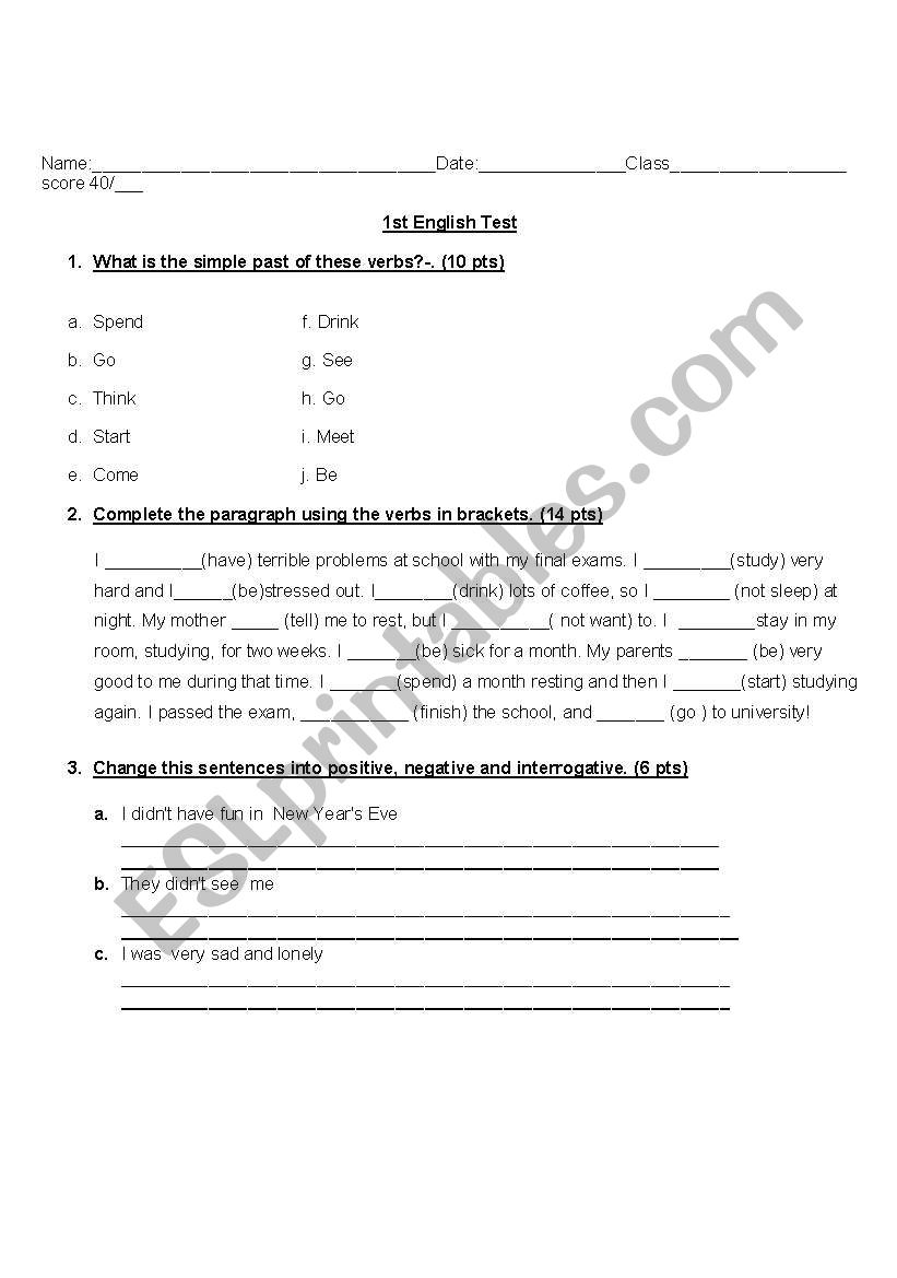 Past simple English test worksheet