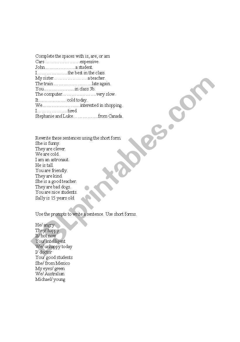 verb to be worksheet