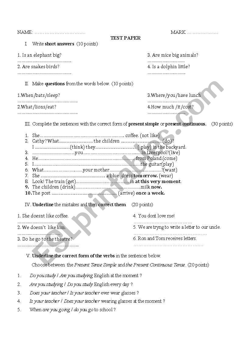 test paper - 6th grade-PRESENT SIMPLE VS. PRESENT CONTINUOUS