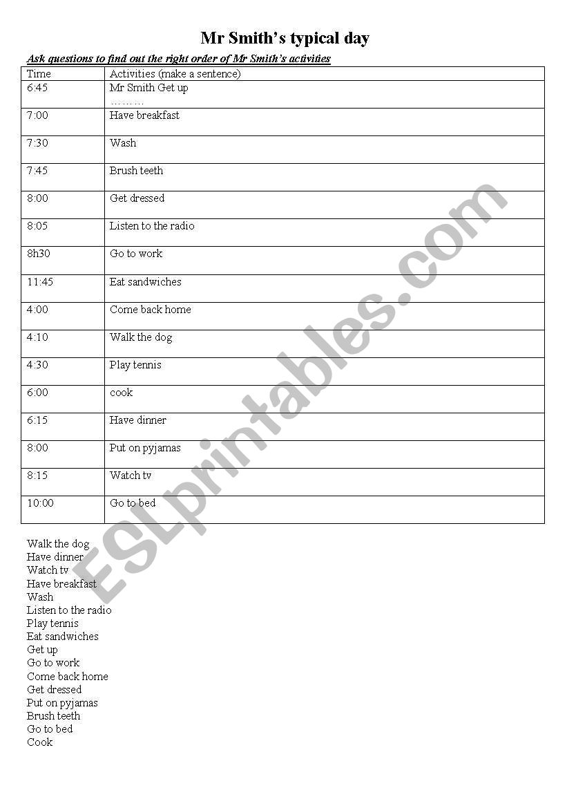 Mr Smiths typical day worksheet