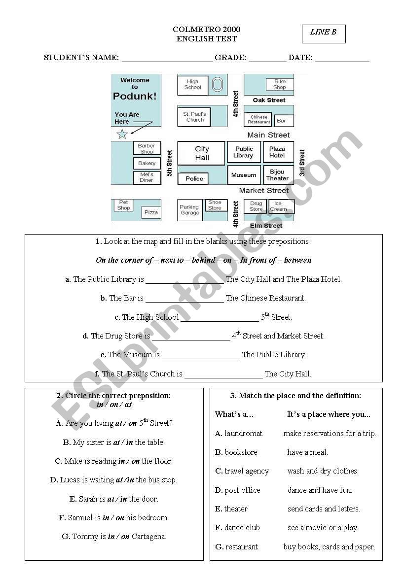 PREPOSITION OF PLACE worksheet