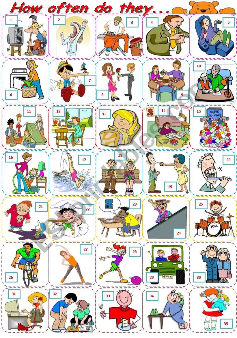 How often do they... - Action verbs pictionary + adverbs of frequency exercises - ***fully editable ((2pages))