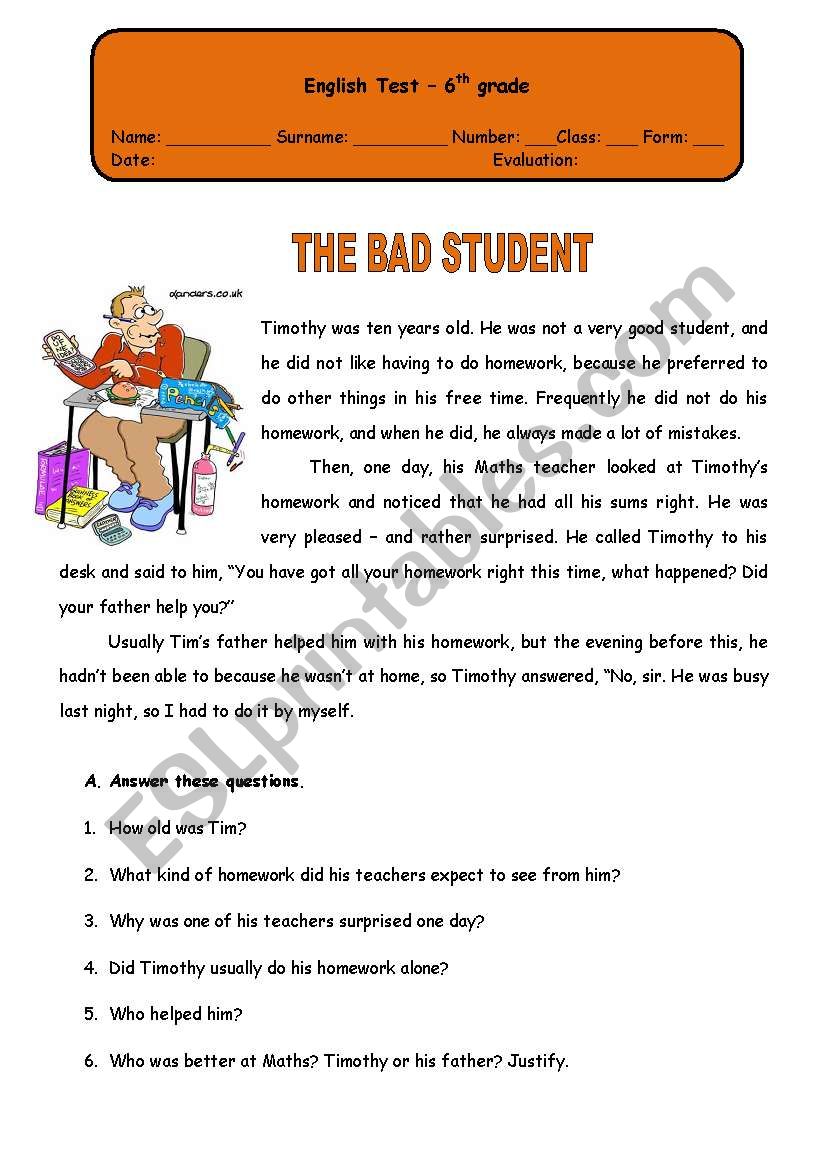 Test - The bad Student worksheet