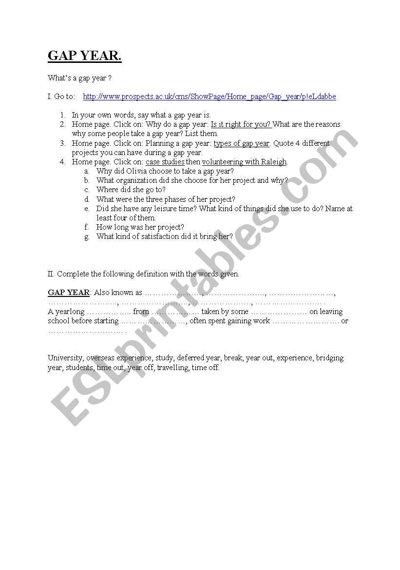 Gap Year worksheet