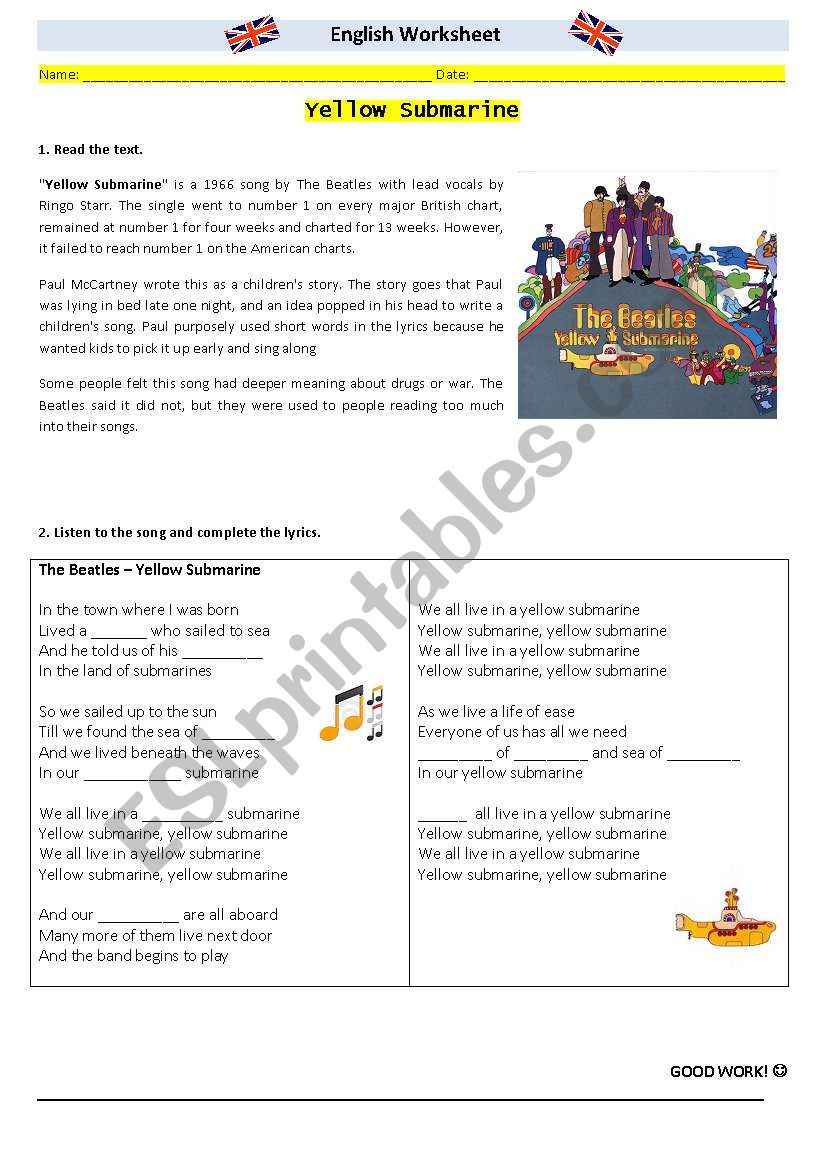 yellow submarine - colours worksheet