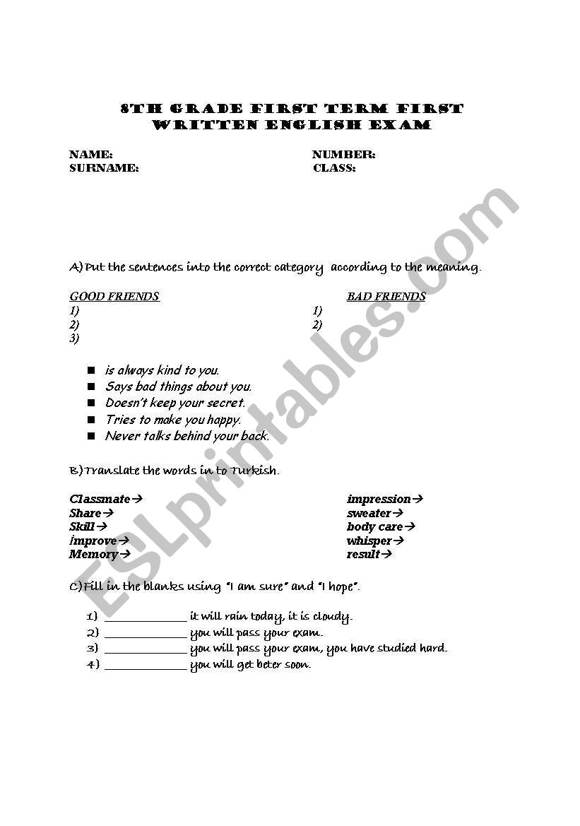 8th grade exam paper worksheet