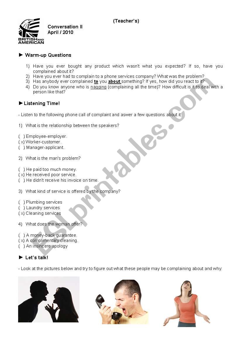 Conversation Class about Complaints (Teachers copy with answers and instructions)