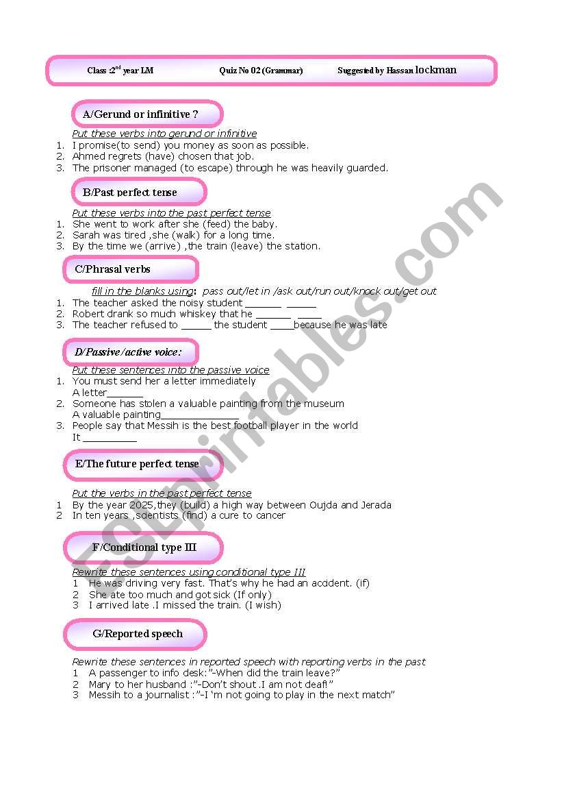 graammar test worksheet