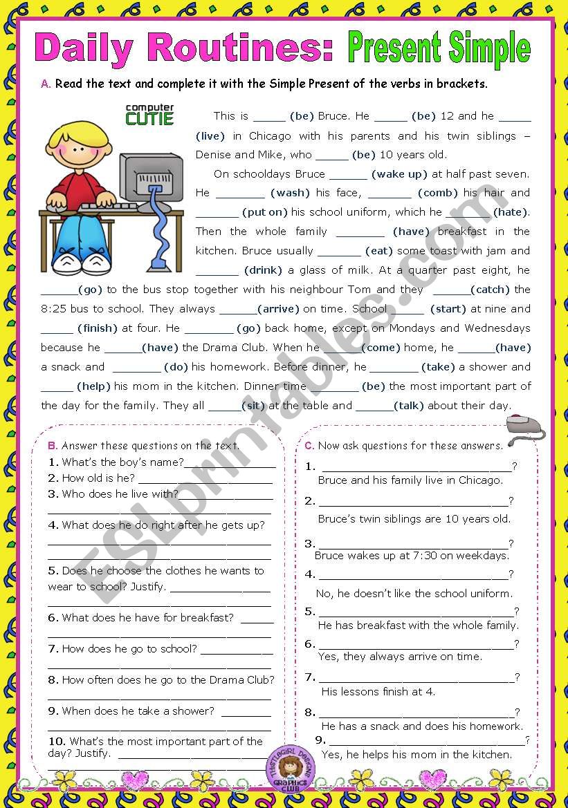 Daily Routines  -  Present Simple  -  Context: normal school day