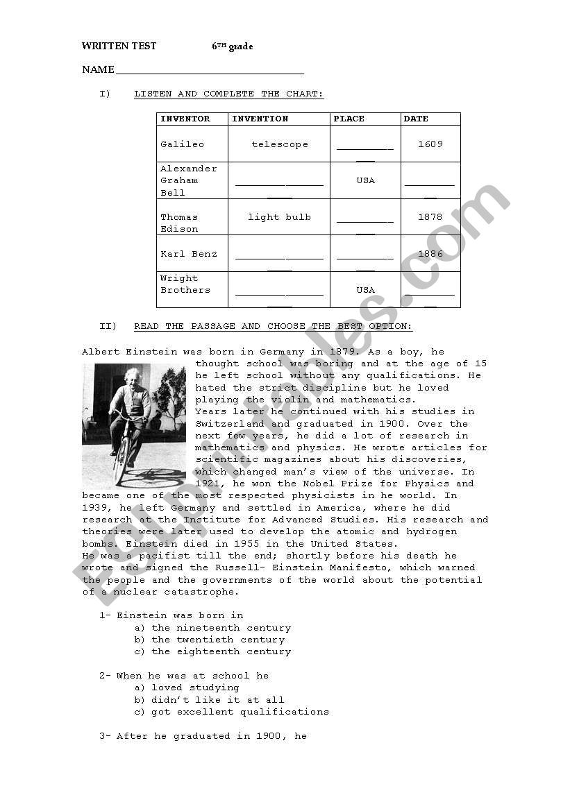 Written Test - Inventions worksheet