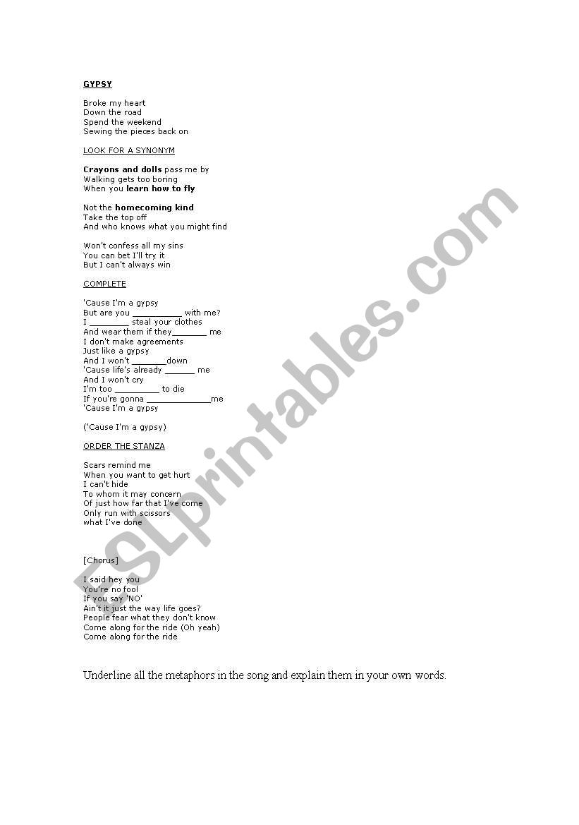 Gypsy song worksheet