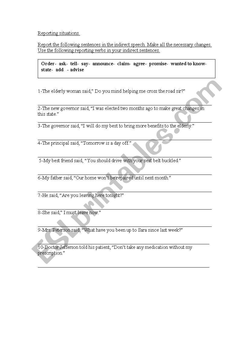 Indirect speech worksheet