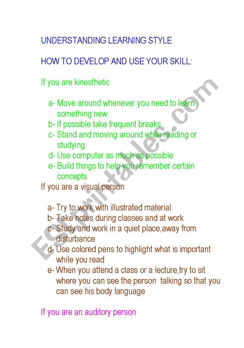 UNDERSTANDING YOUR LEARNING STYLE