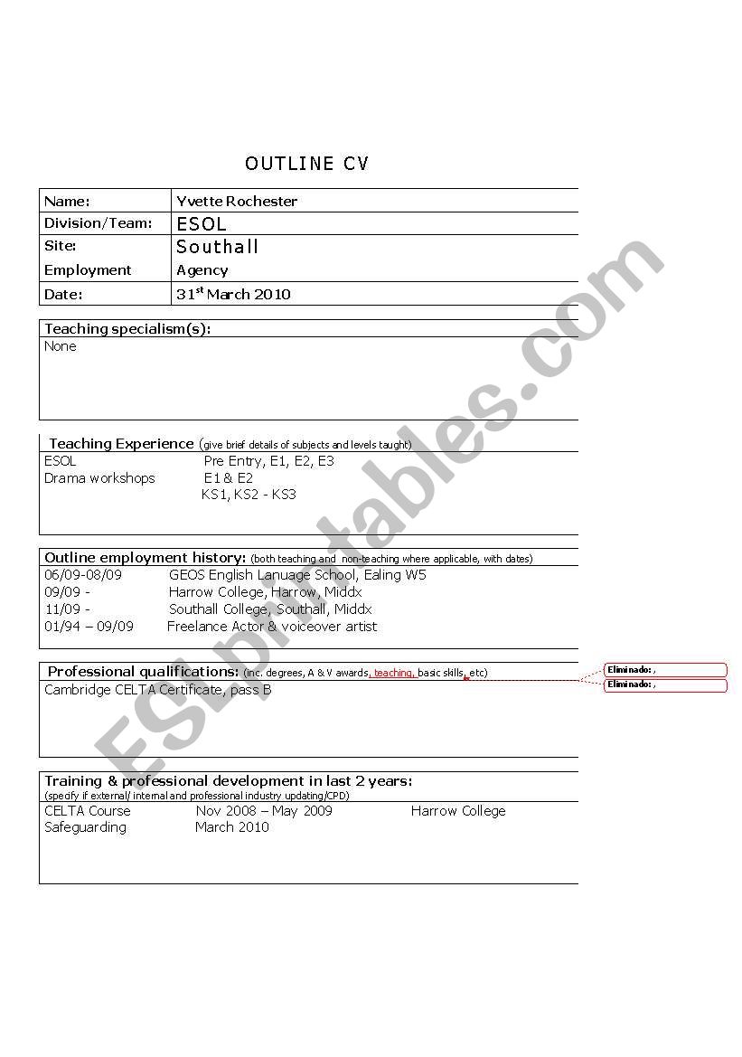 C V Form worksheet