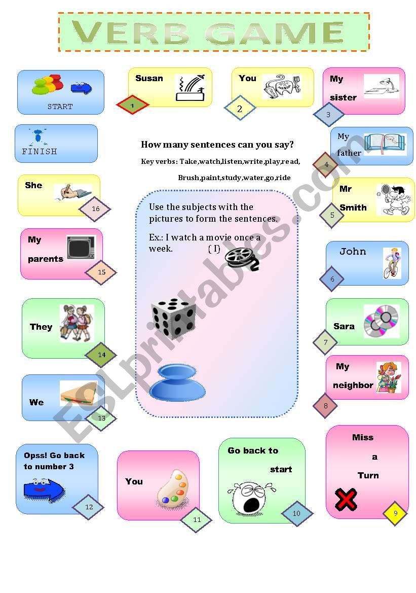 Verb board game worksheet