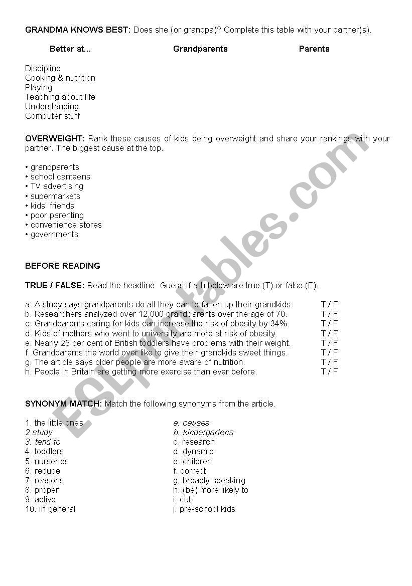 Children and Food worksheet