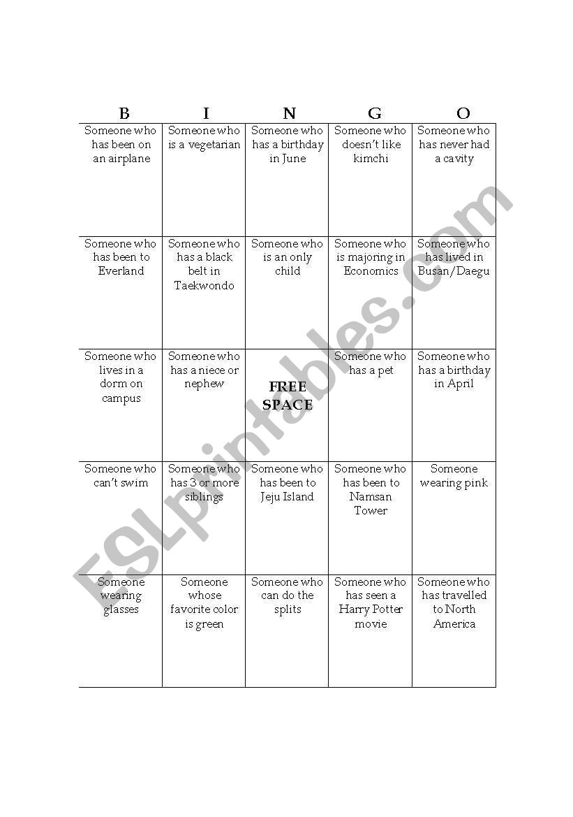ESL Bingo worksheet