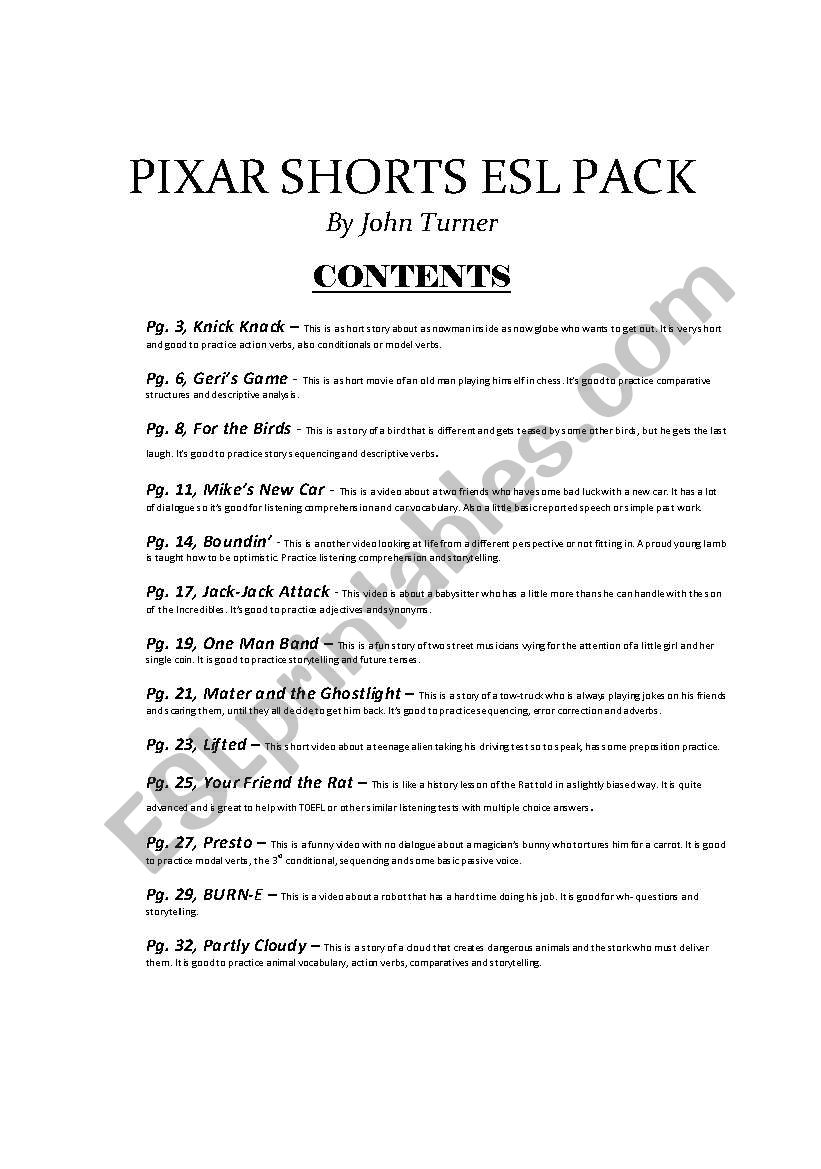 pixar shorts esl pack 1 worksheet