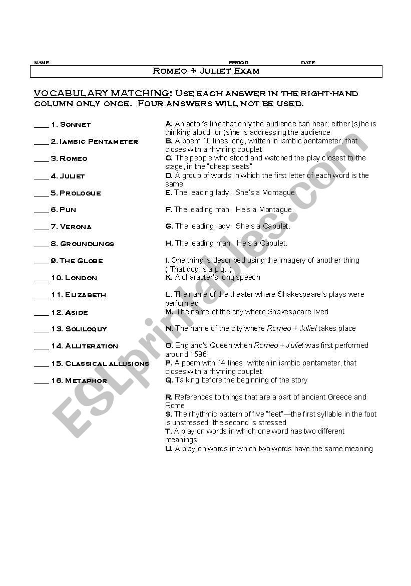 Romeo and Juliet Exam worksheet