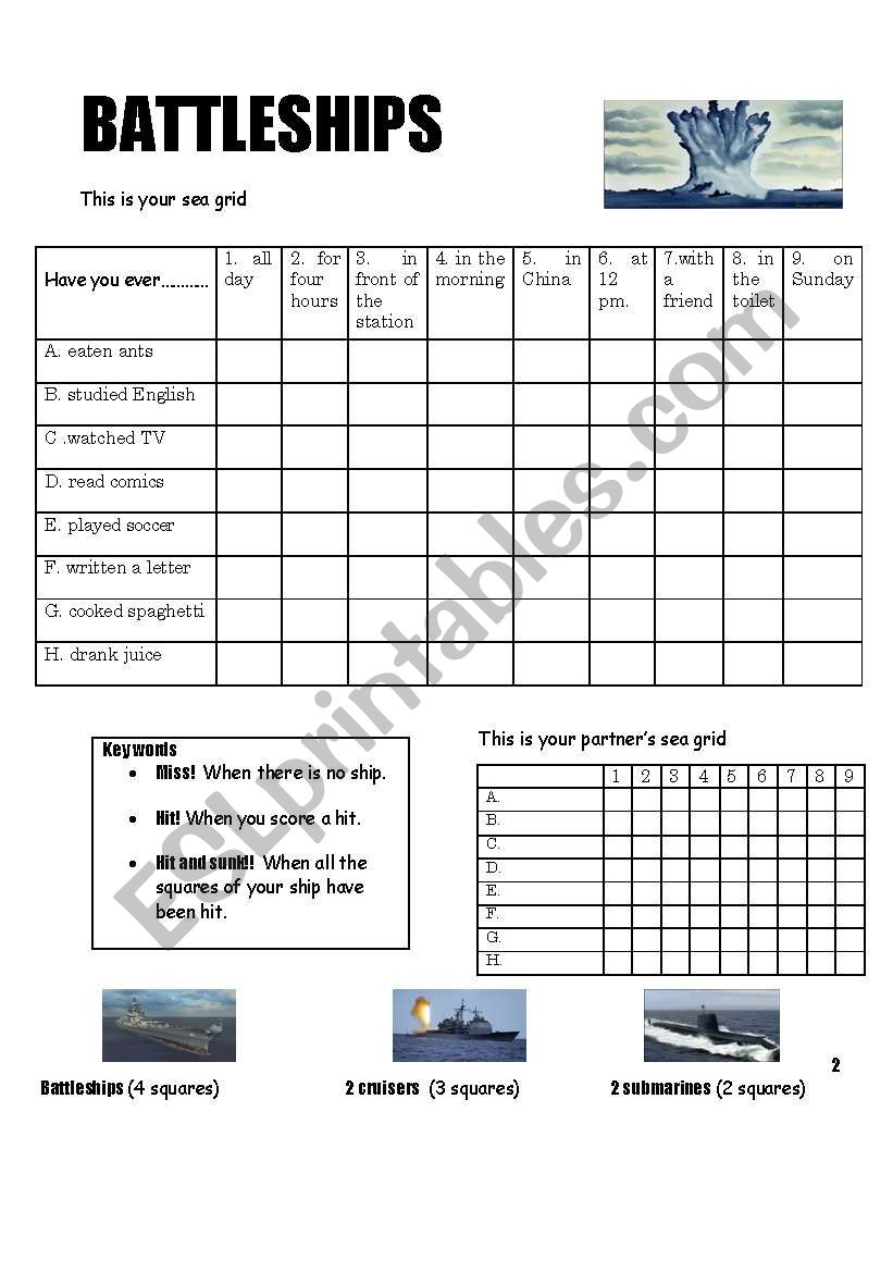 Present Perfect Battleships worksheet