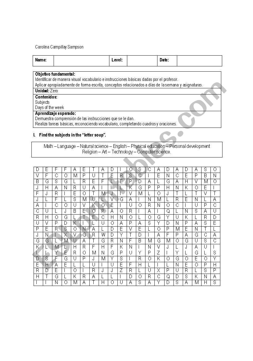 Subjects and days of the week worksheet