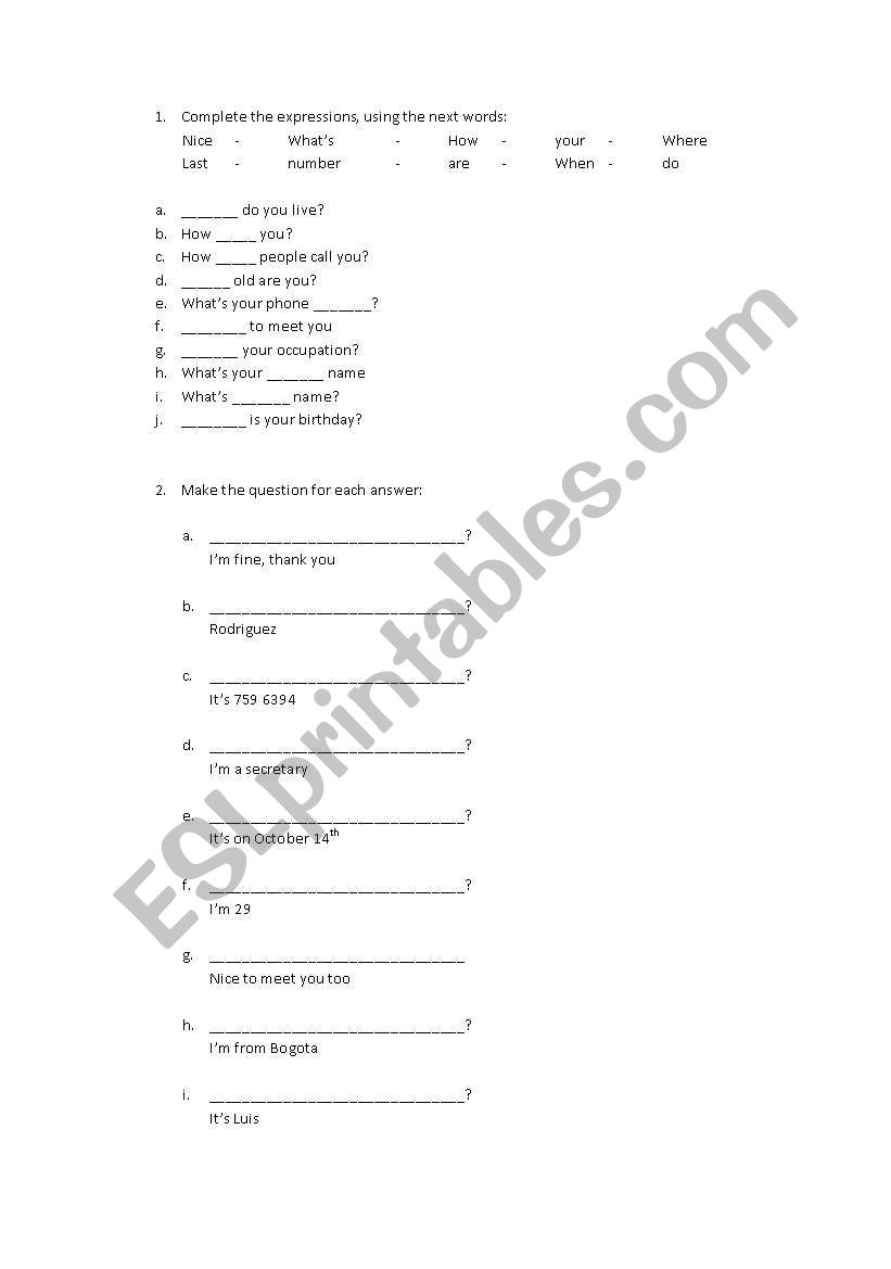 Expressions (Basic I) worksheet