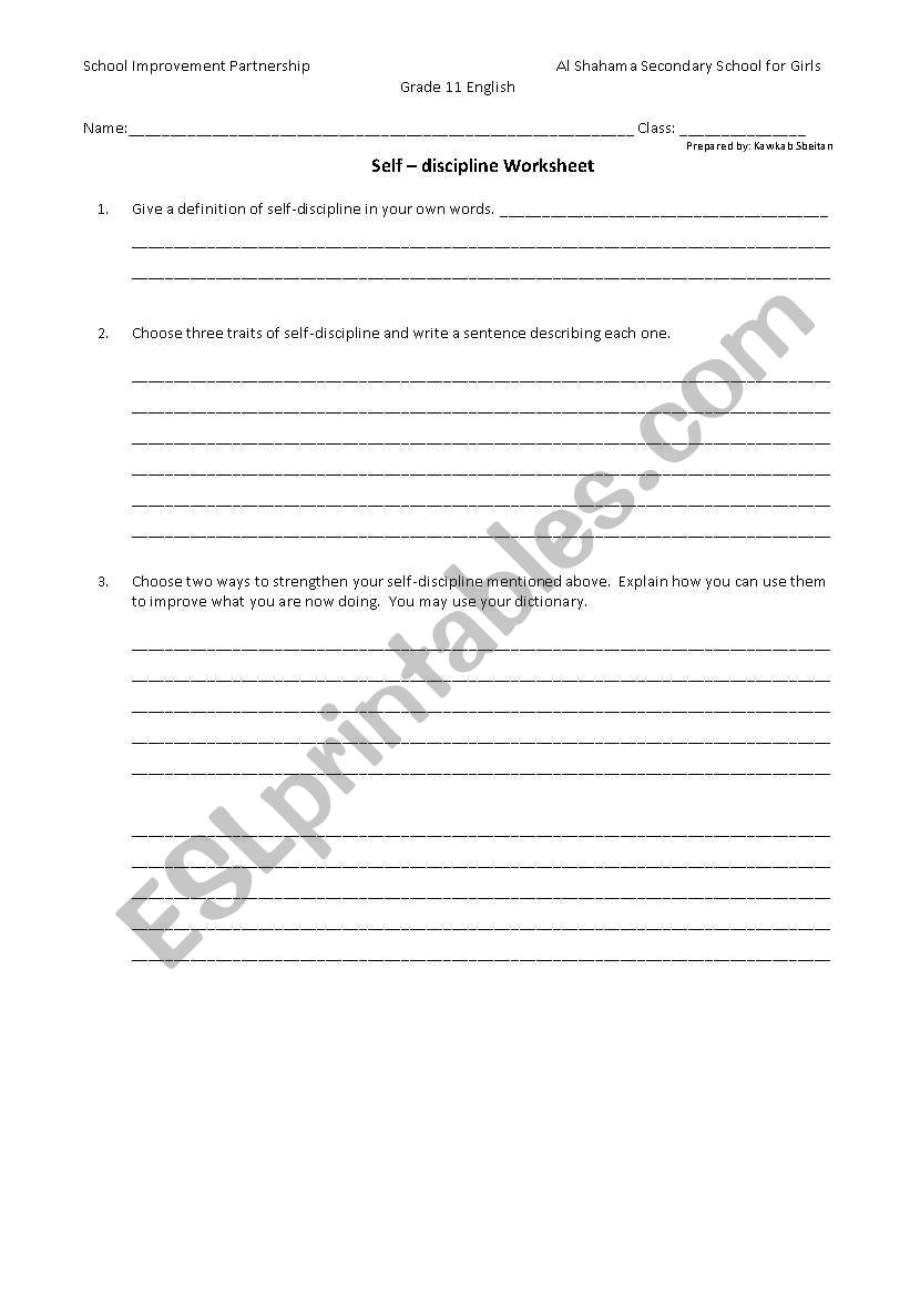 self descipline worksheet