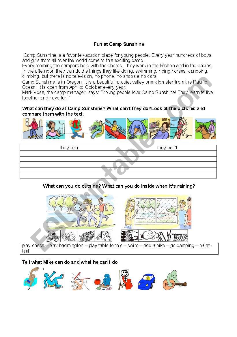 Fun at camp Sunshine worksheet