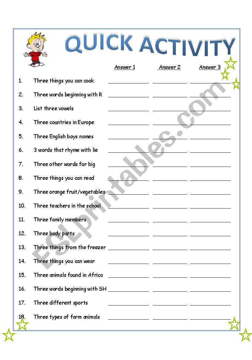 Quick Activity worksheet